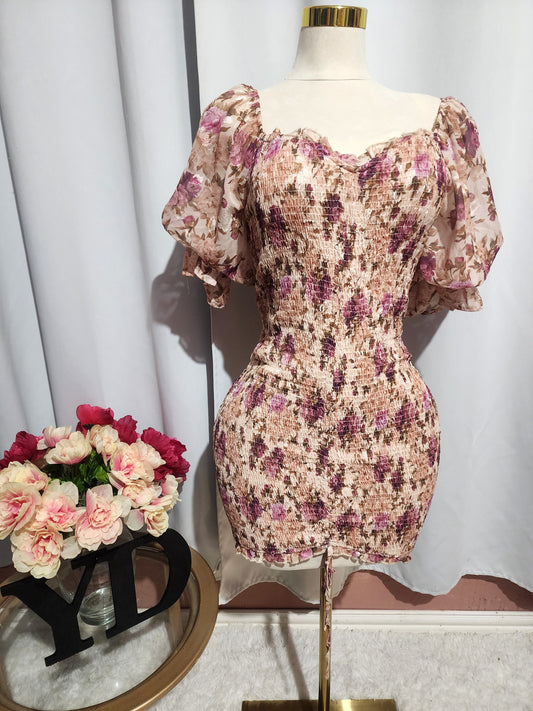 Pink Floral Smocked Dress Womens club night out party cocktail