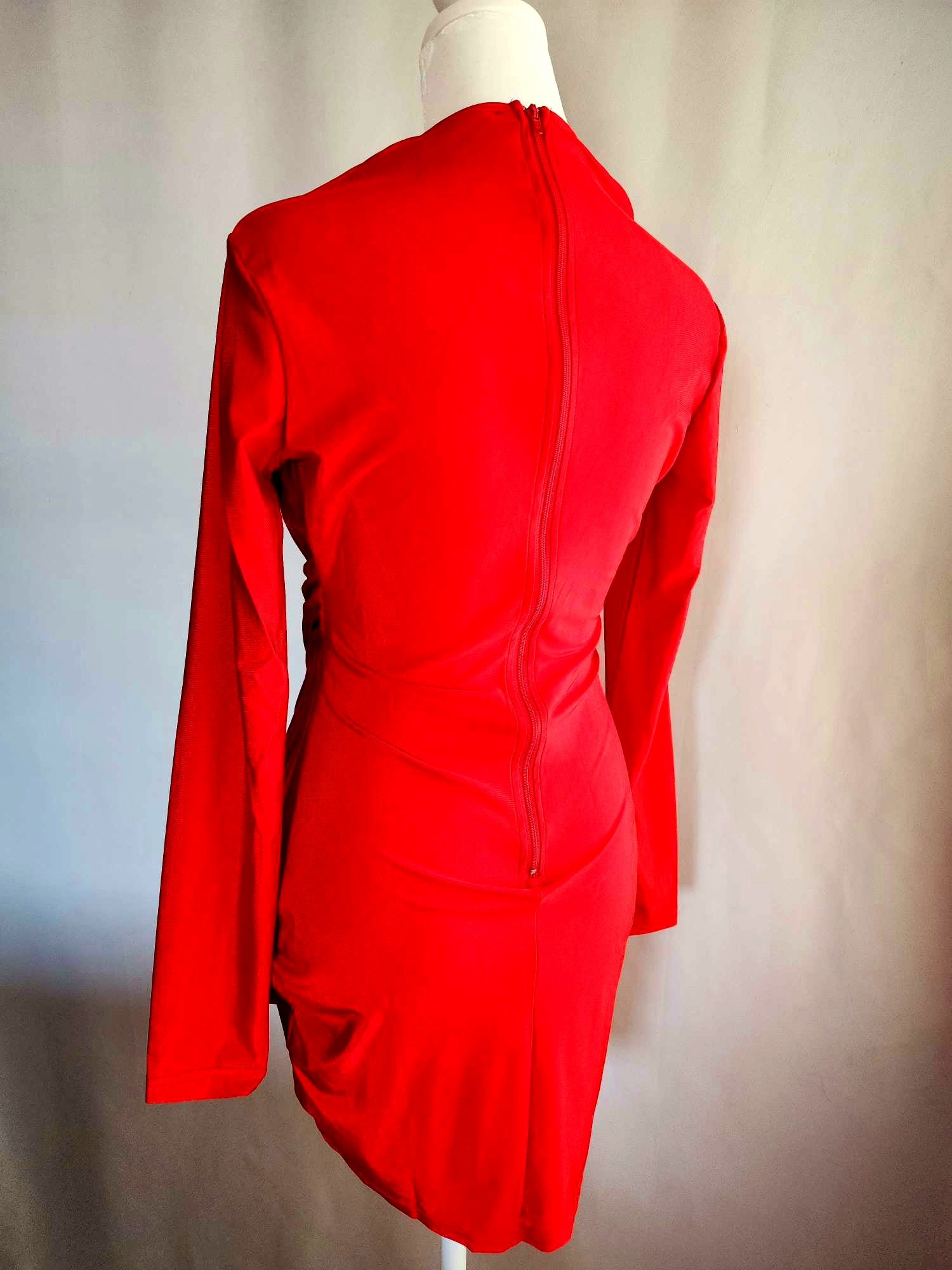 Red long-sleeved dress with V-neckline
