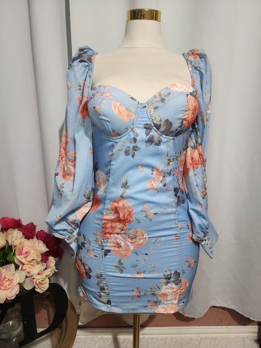 Party Dress Light Blue Floral Balloon Dress