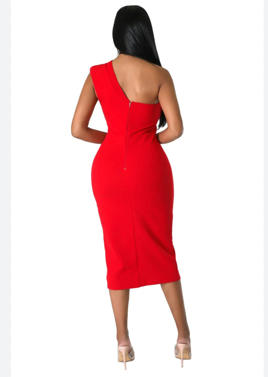 Party Dress One Shoulder Slide Slit Dress -Red