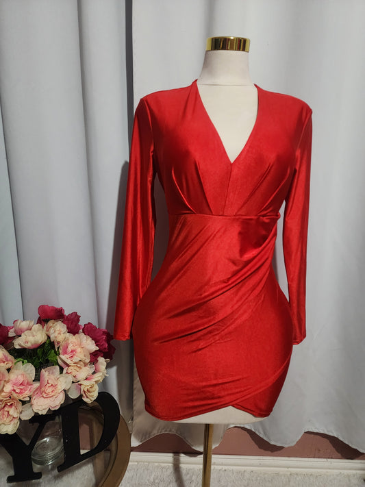 Party Dress Red long-sleeved dress with V-neckline