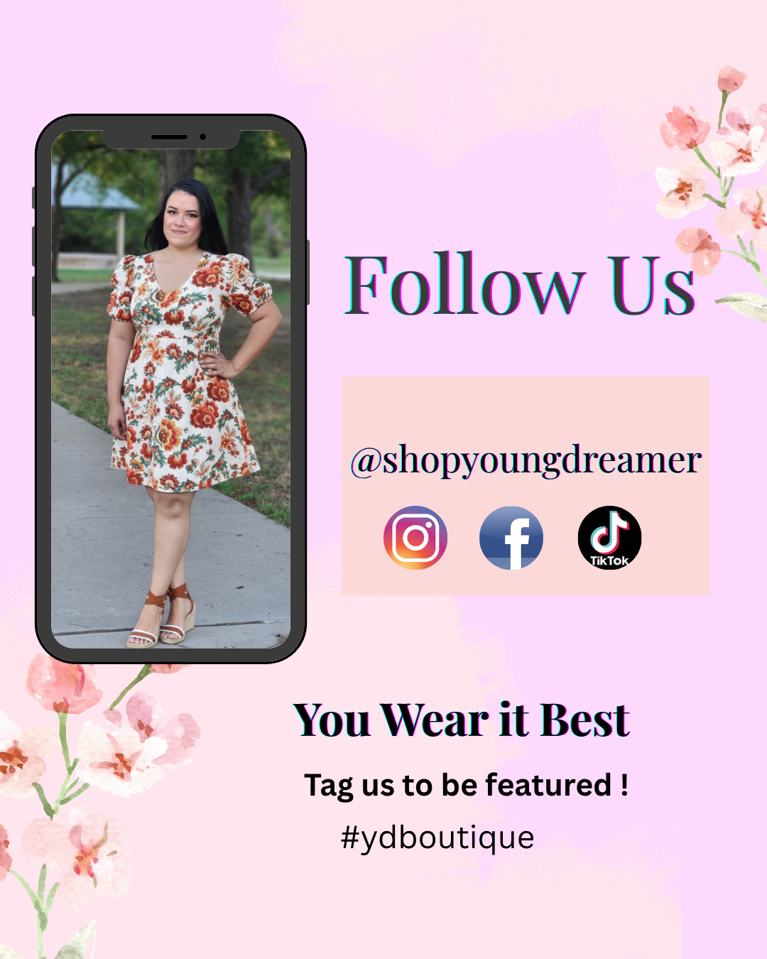 Promotional graphic with a phone displaying a woman in a floral dress, social media handles, and a call to action.