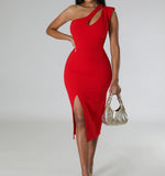One Shoulder Slide Slit Dress -Red