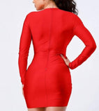 Red long-sleeved dress with V-neckline