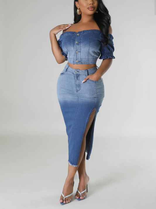 Ombre Denim off the shoulder top and skirt set Womens club night out party