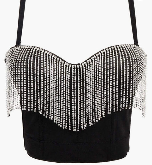 Black Rhinestone Fringe Corset Bustier Top