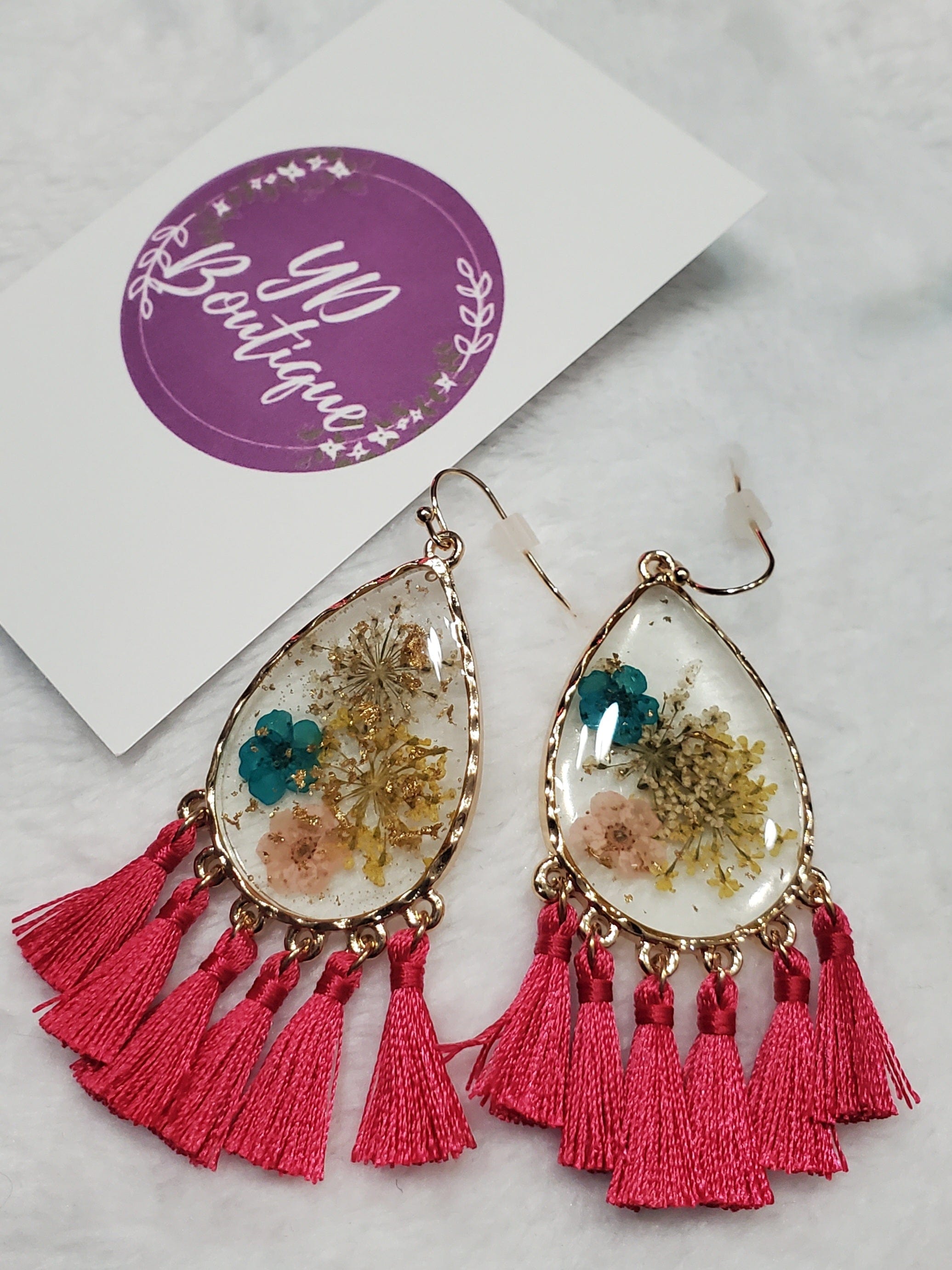 YD Boutique LLC Earrings Fushia Floral Resin Teardrop Tassel Earring