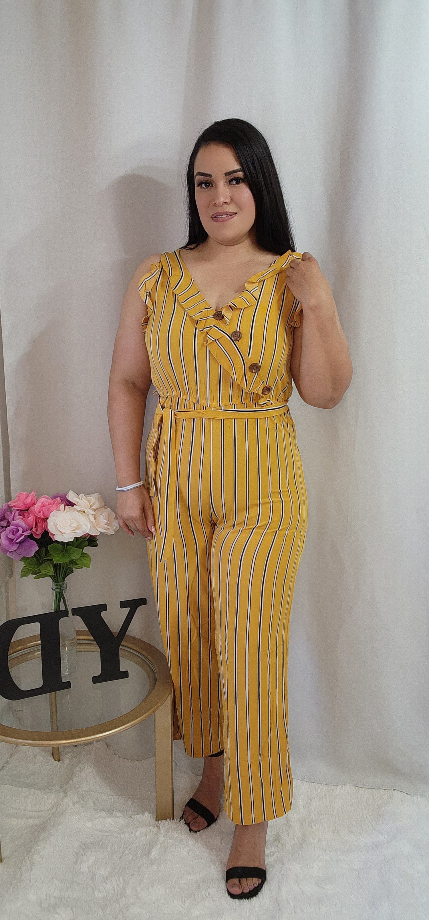 V-Neck Tie Waist Mustard yellow striped Jumpsuit