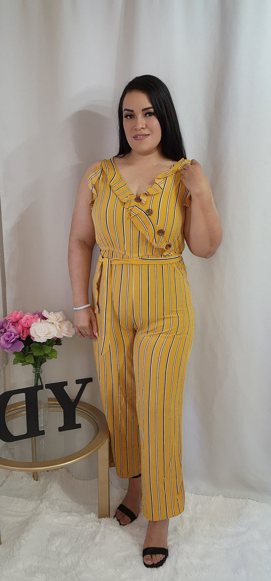 Mono V-Cuello Lazo Cintura Rayas Amarillo Mostaza