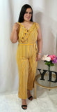 V-Neck Tie Waist Mustard yellow striped Jumpsuit
