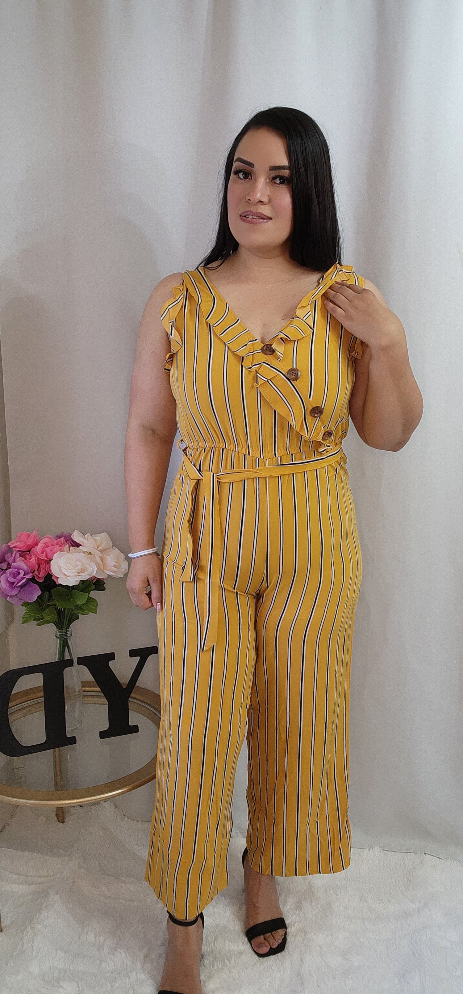 V-Neck Tie Waist Mustard yellow striped Jumpsuit