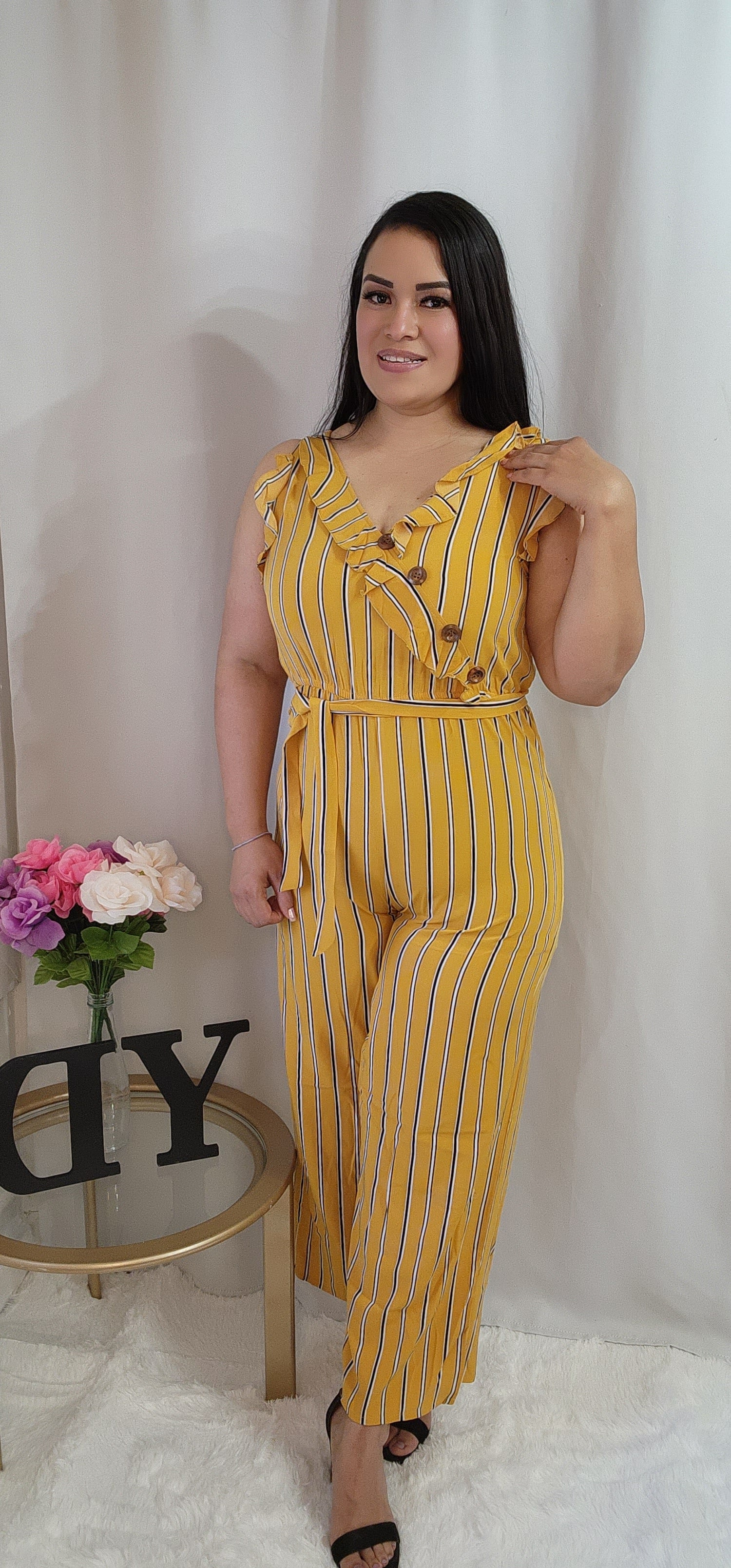 V-Neck Tie Waist Mustard yellow striped Jumpsuit