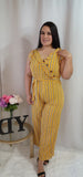 V-Neck Tie Waist Mustard yellow striped Jumpsuit