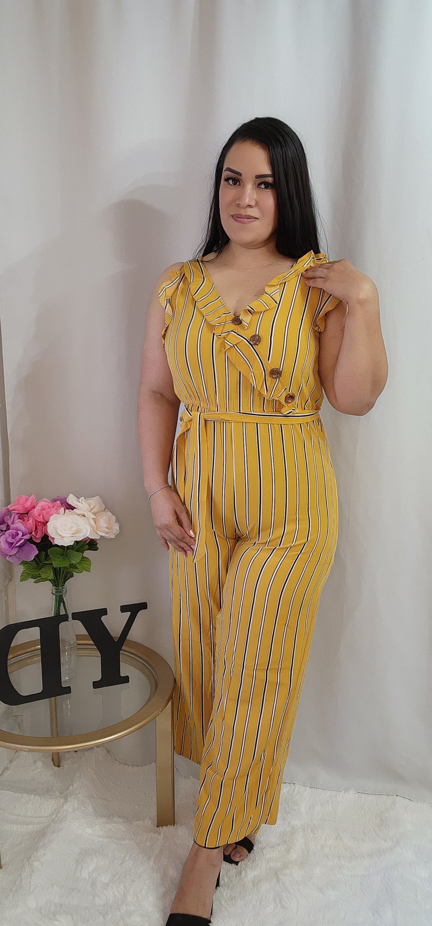 V-Neck Tie Waist Mustard yellow striped Jumpsuit