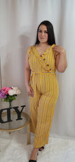 V-Neck Tie Waist Mustard yellow striped Jumpsuit