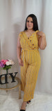 V-Neck Tie Waist Mustard yellow striped Jumpsuit