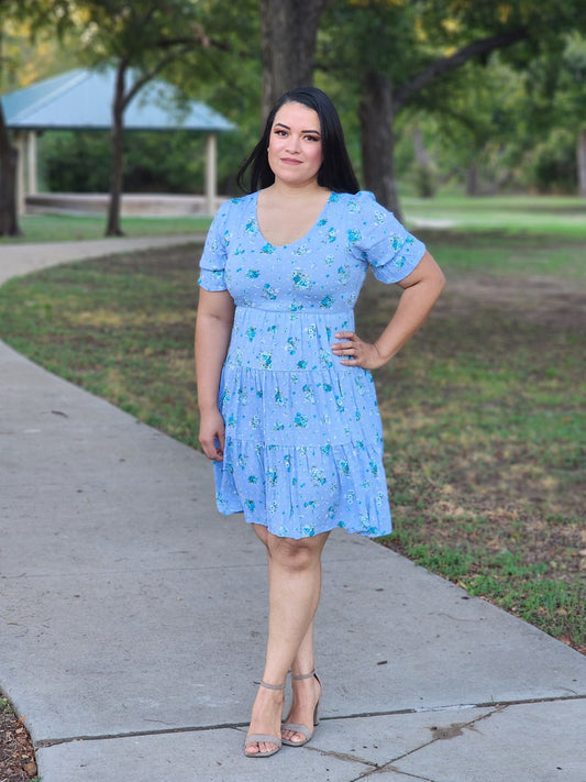 Blue Tiered Floral V Neck Dress