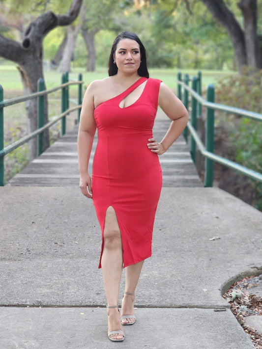 Vestido con abertura y un hombro -Rojo