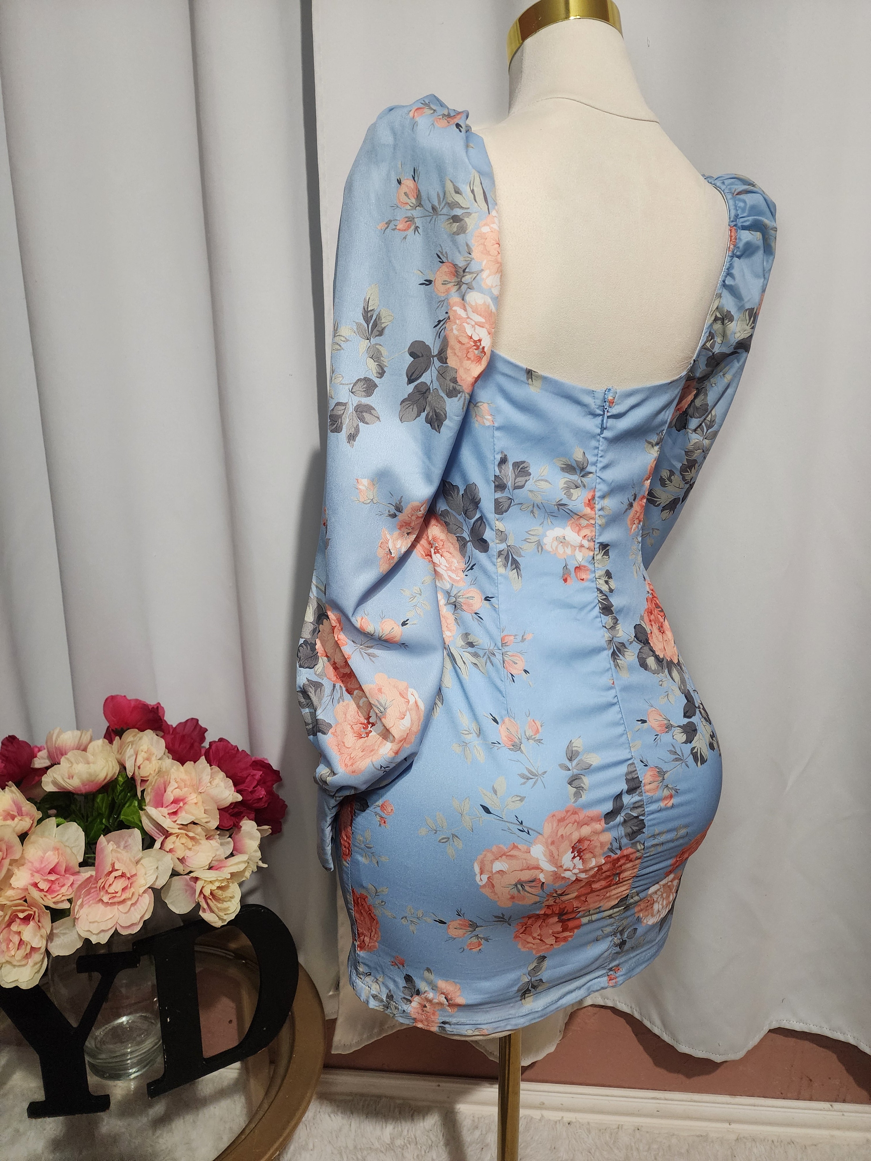 Light Blue Floral Balloon Dress