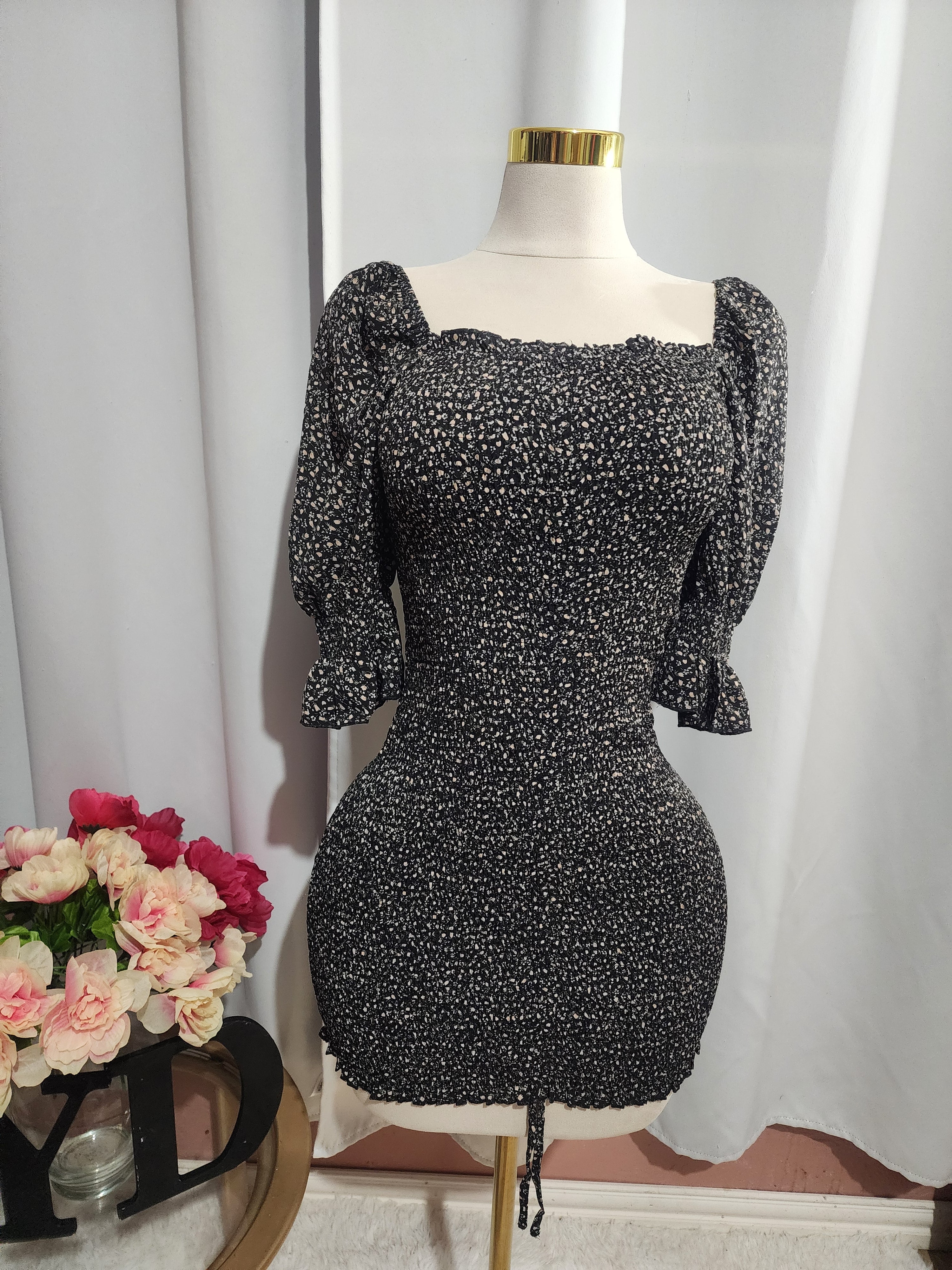 Black Floral Smocked Off Shoulder Dress