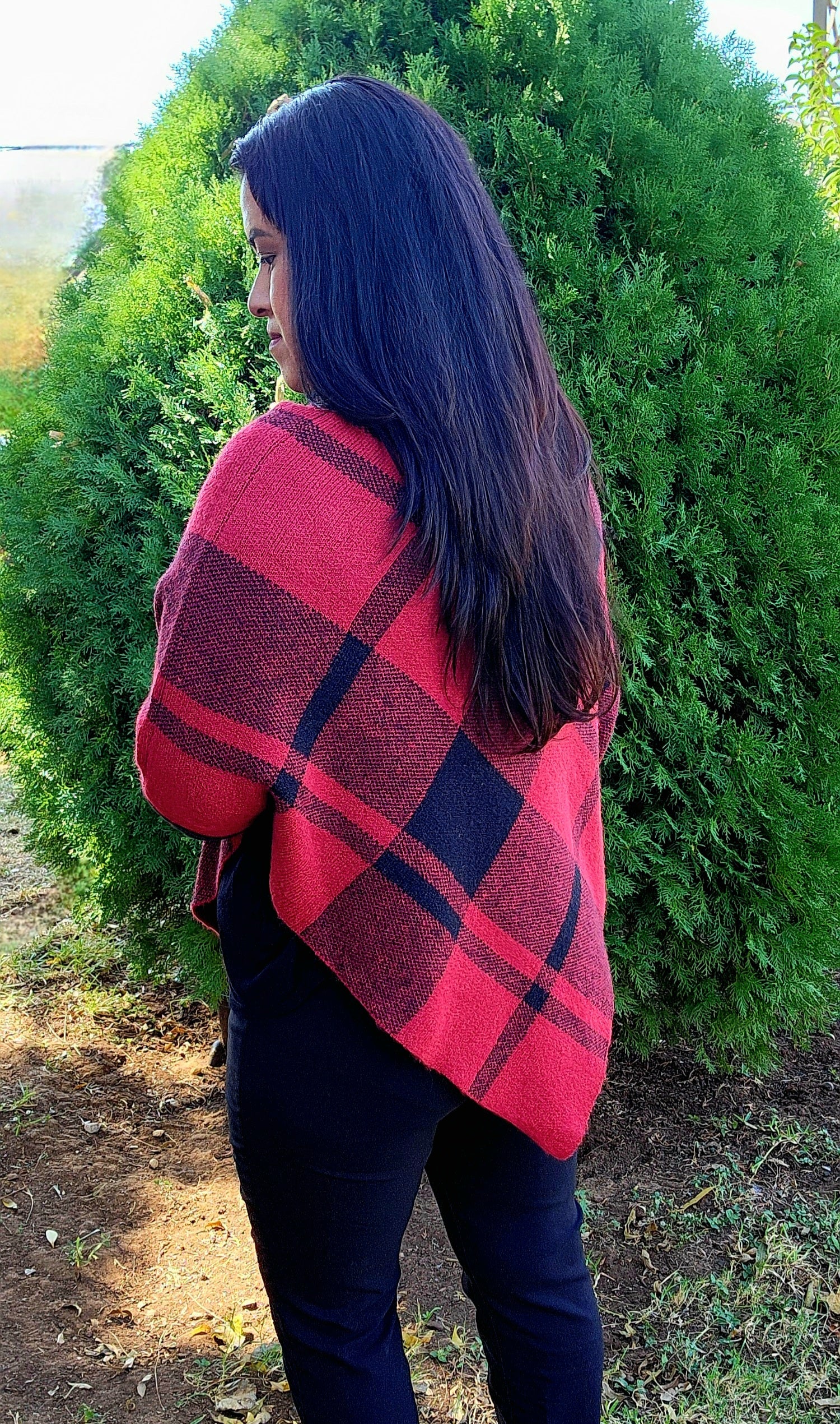 Mock Neck Plaid knit Poncho.