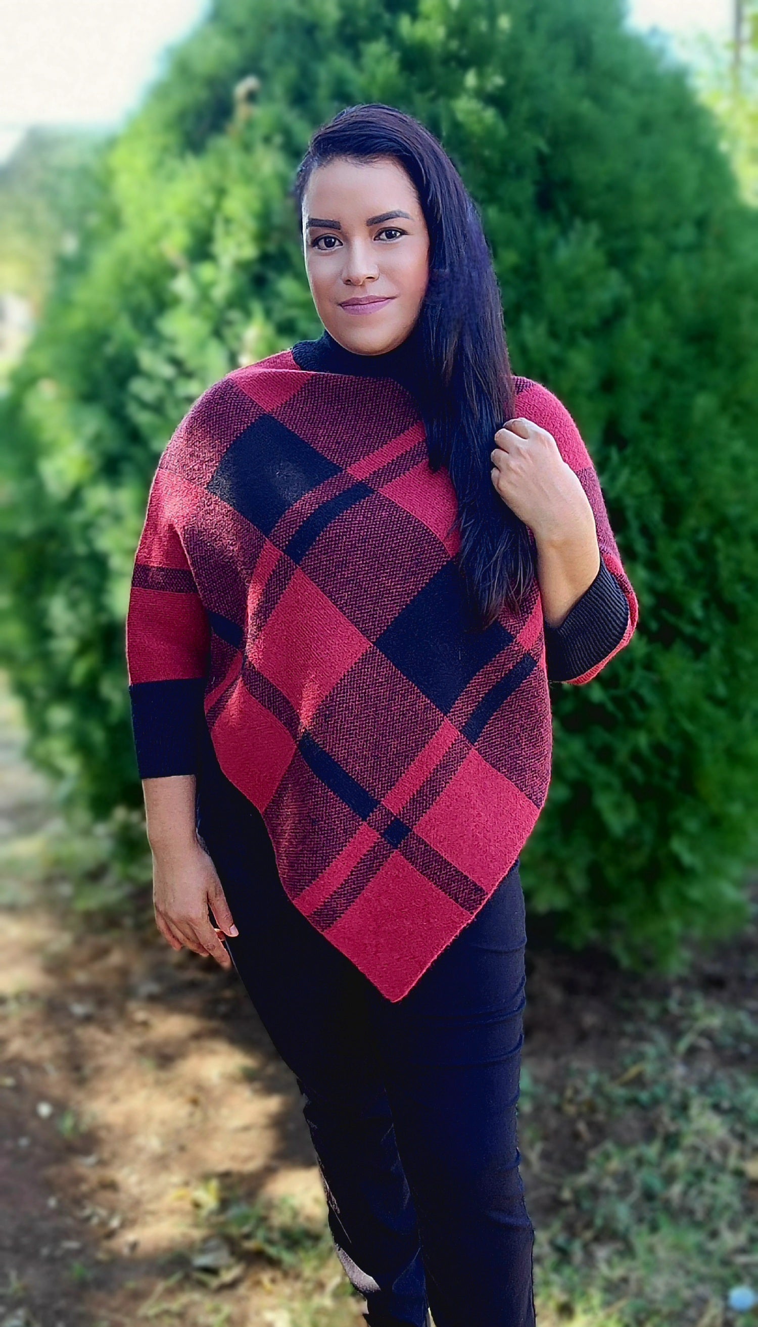 Mock Neck Plaid knit Poncho.