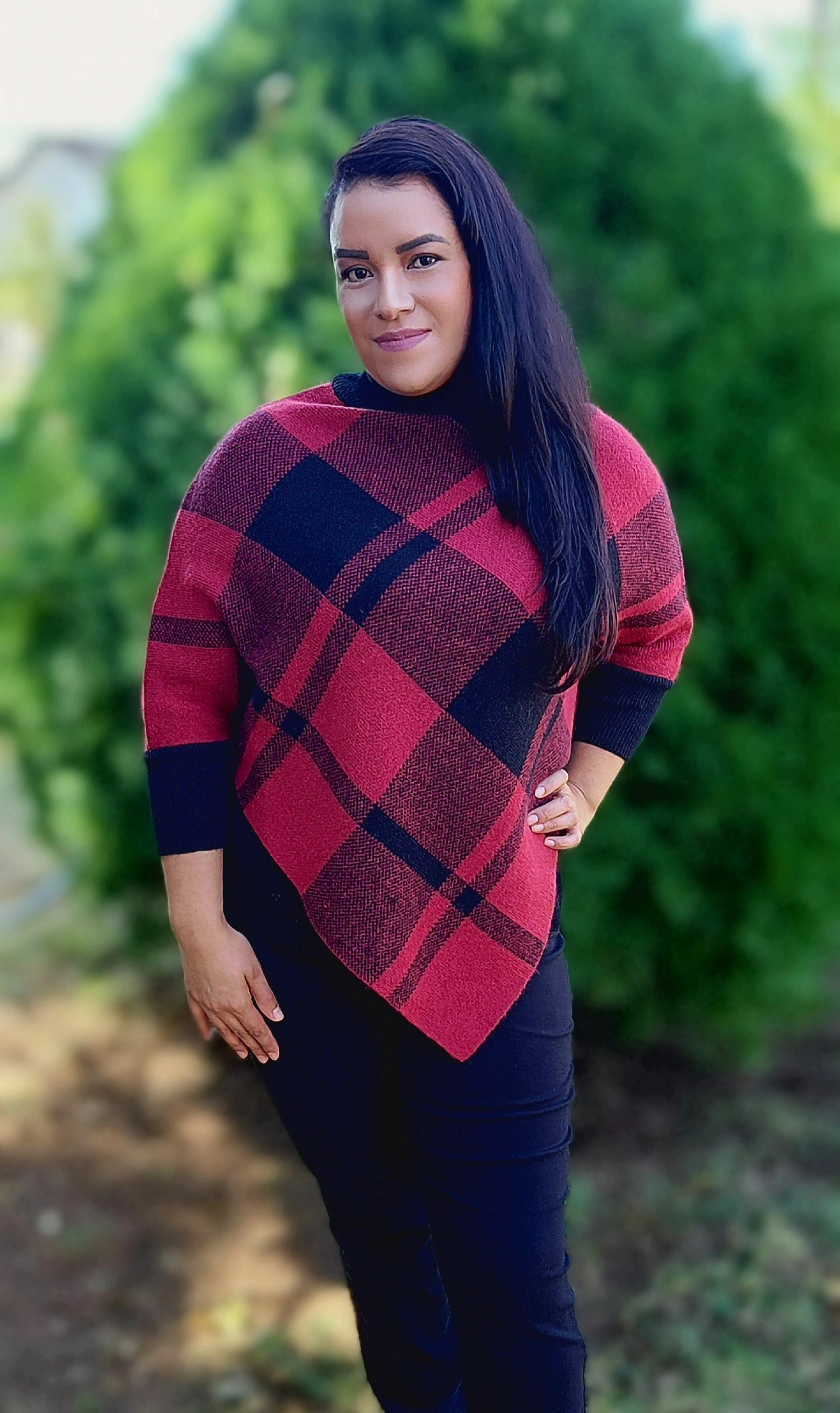Mock Neck Plaid knit Poncho.