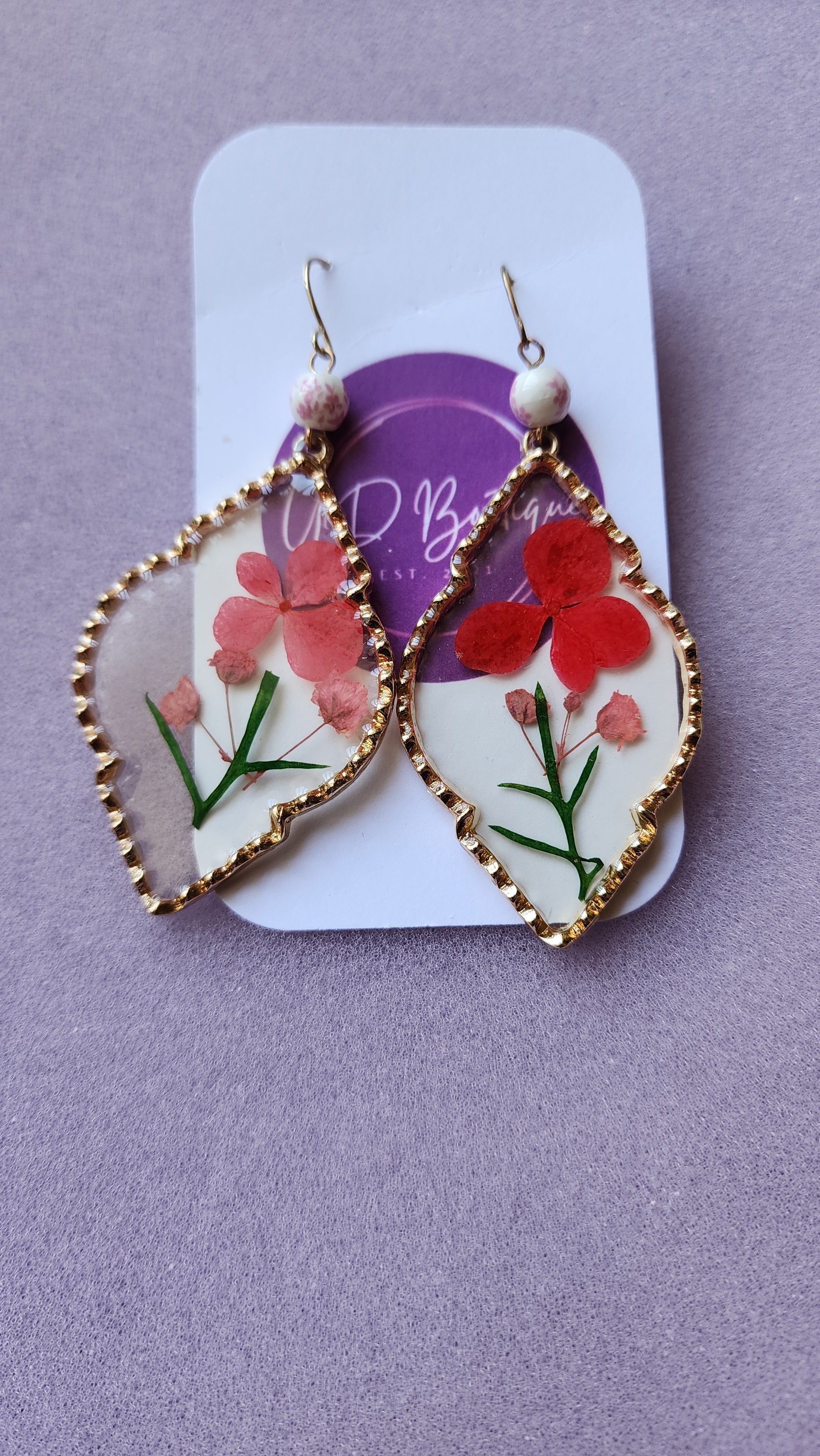Real Pressed Dried Pink Flower Resin Earrings