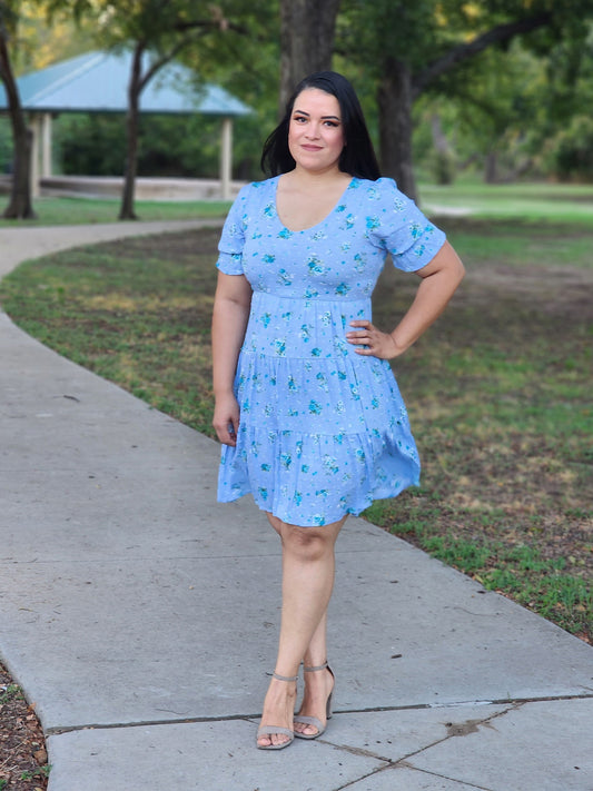 Casual Dress Blue Tiered Floral V Neck Dress