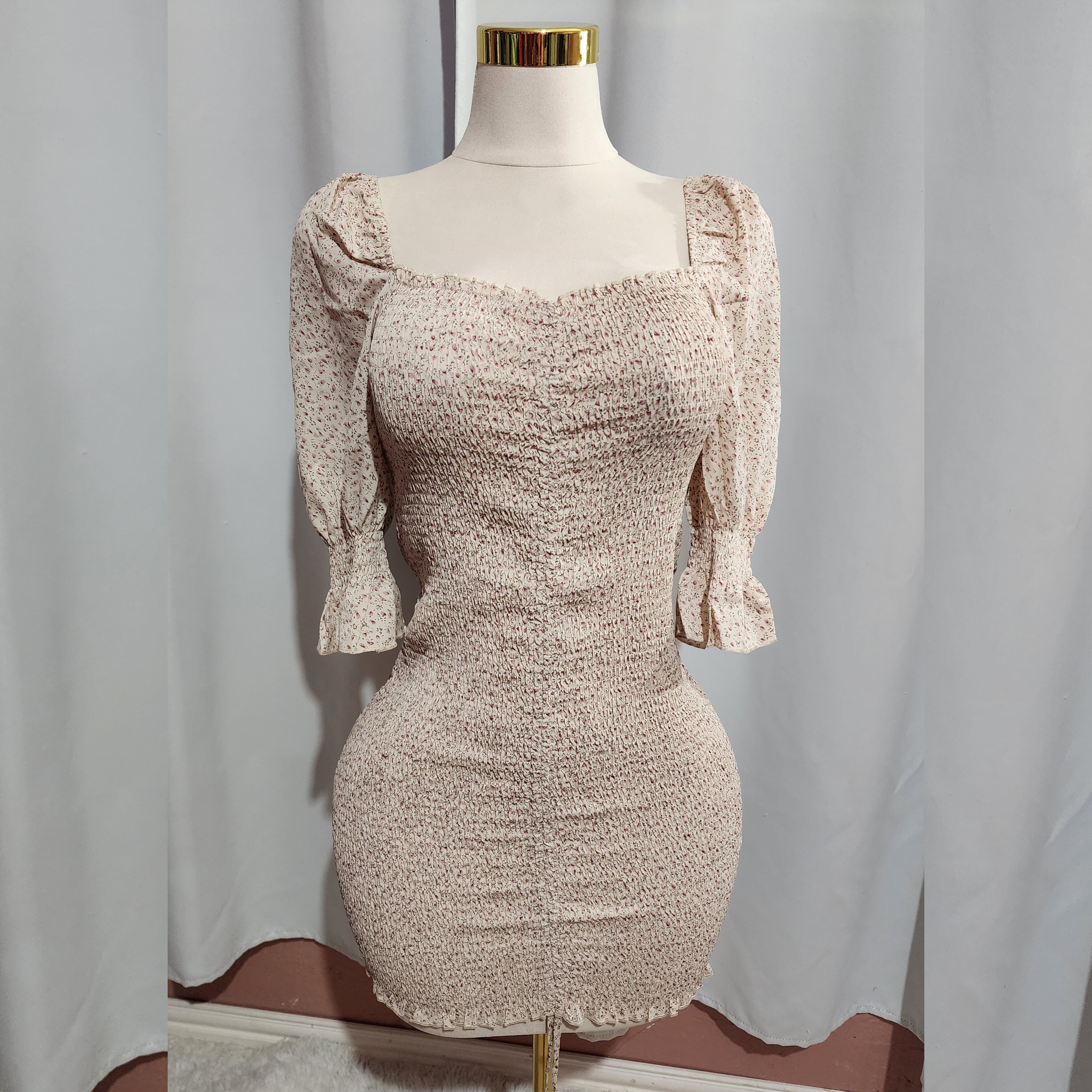 Party Dress Beige Floral Off Shoulder Dress 