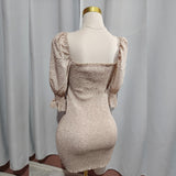 Party Dress Beige Floral Off Shoulder Dress