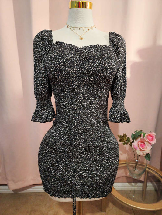 Party Dress Black Floral Smocked Off Shoulder Dress