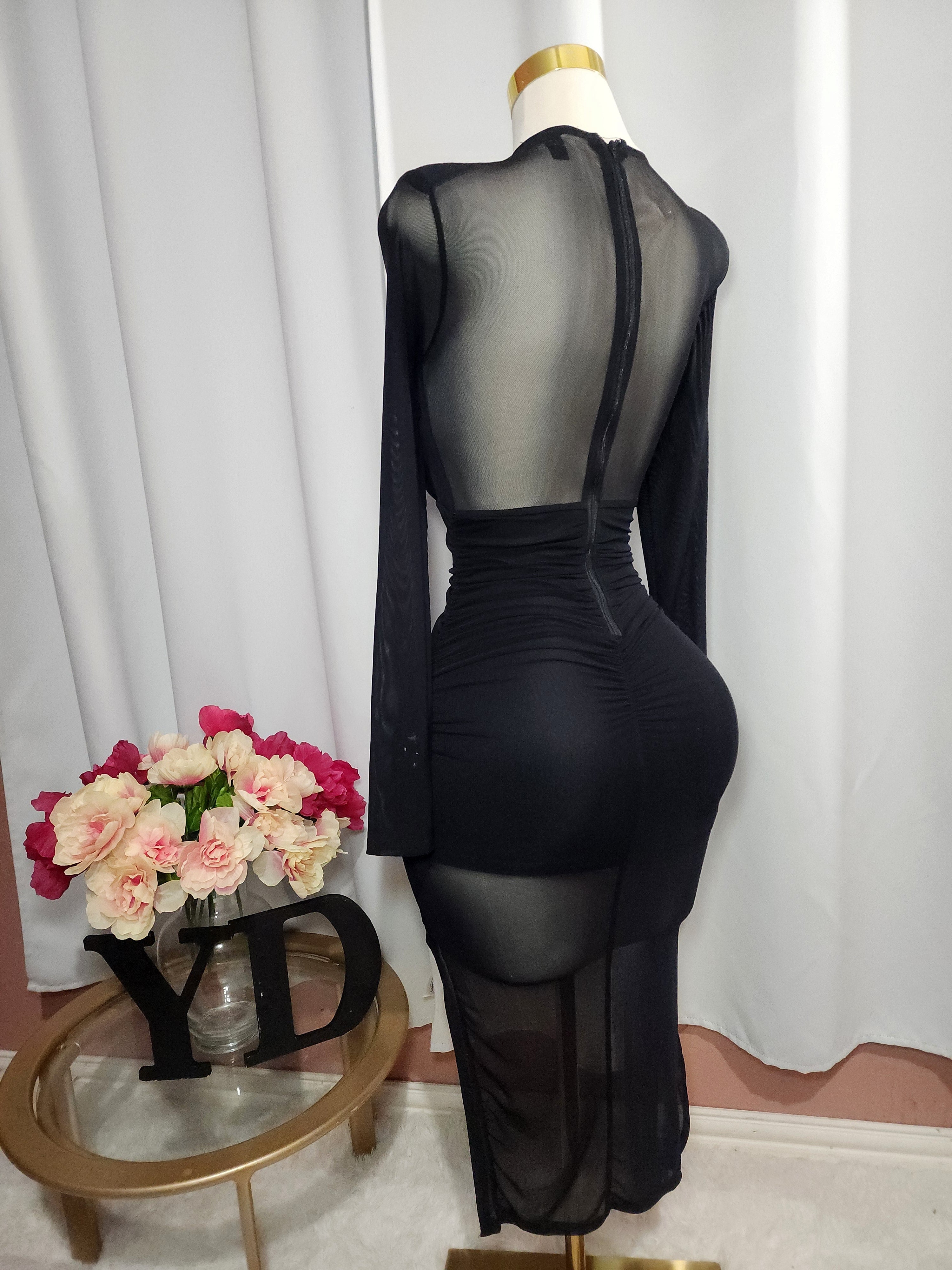 Party Dress Black V-Neck Ruched Mesh Long Sleeve Dress