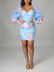 Party Dress Light Blue Floral Balloon Dress