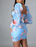 Party Dress Light Blue Floral Balloon Dress