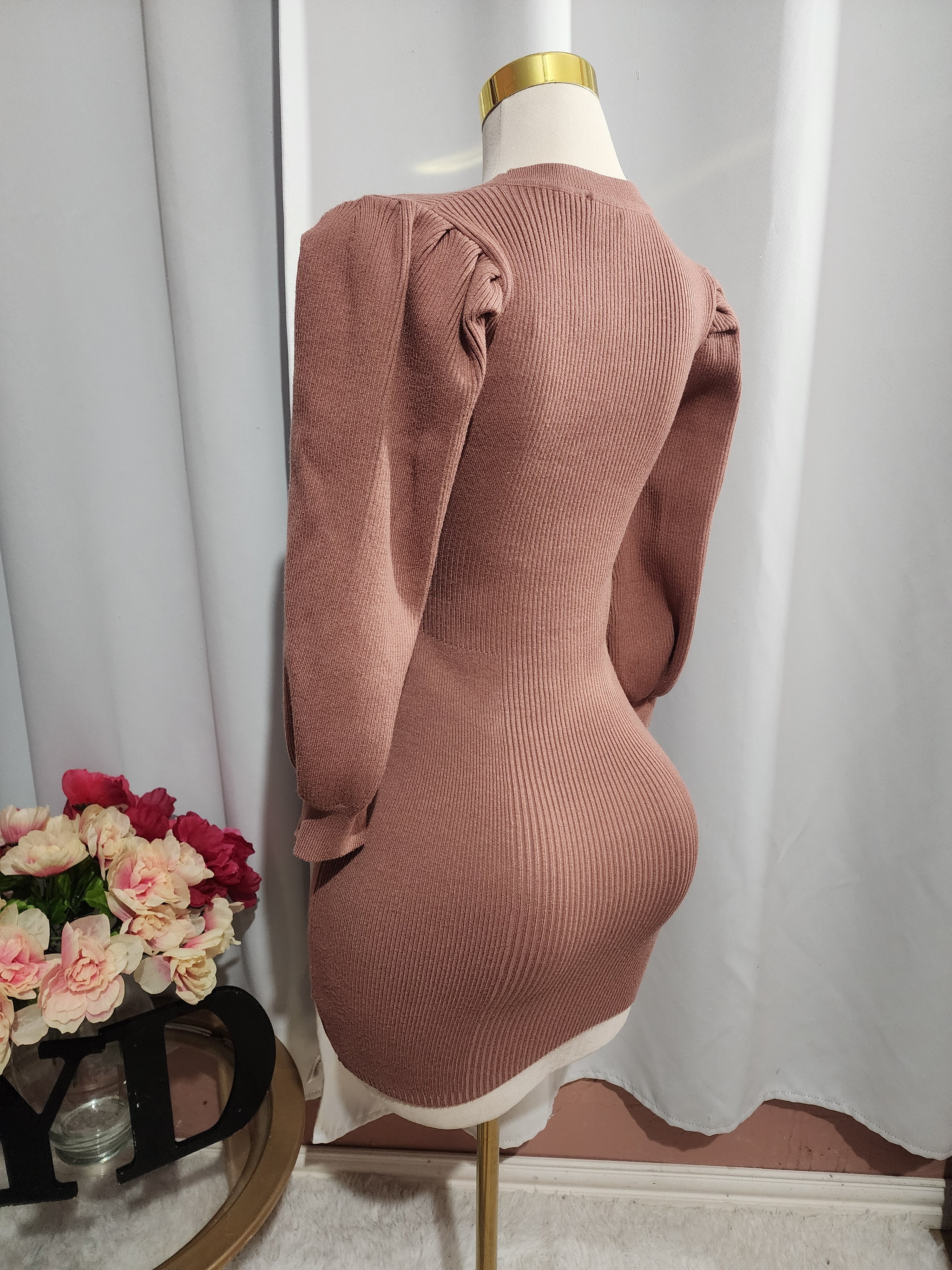 Party Dress Mauve Sweater Puff Sleeve Knit Mini Dress