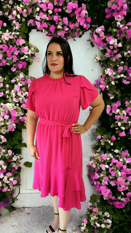 Vestido modesto de manga corta de tulipán tejido - Fucsia