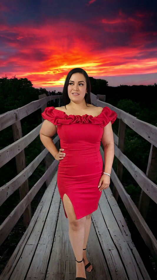 Red Ruffled Off the Shoulder Midi Dress