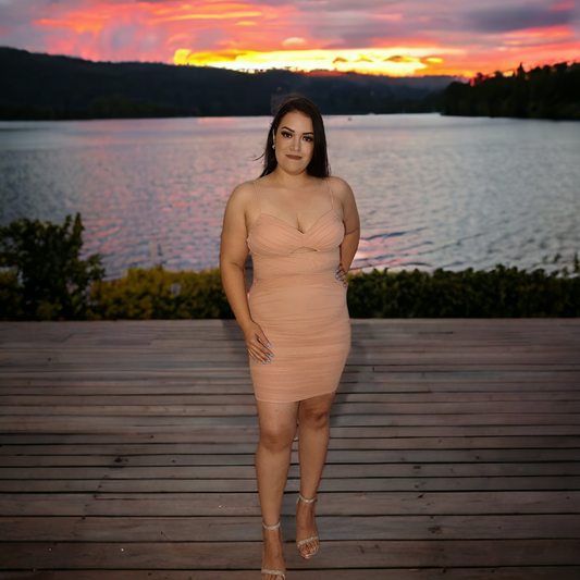 Vestido ajustado de malla fruncido rosa
