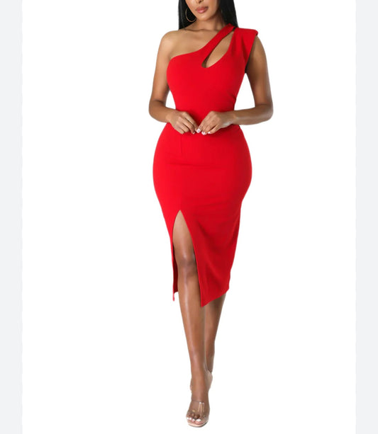 One Shoulder Slide Slit Dress -Red