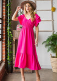 Fucshia V-Neck Midi Dress