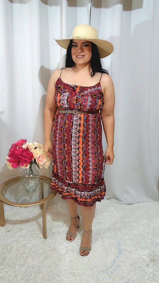 Vestido midi con tirantes finos y dobladillo con volantes