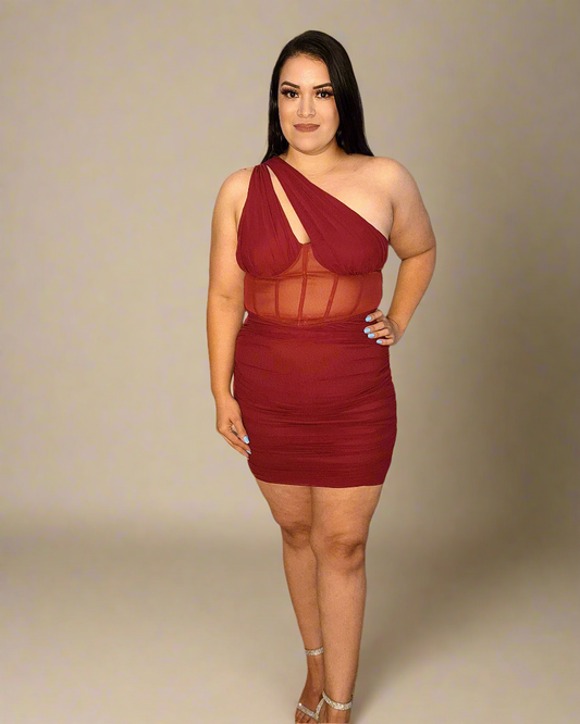 Vestido de un hombro burdeos