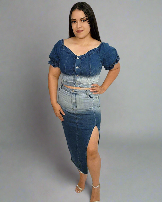 Ombre Denim off the shoulder top and skirt set