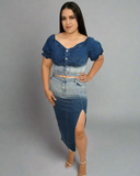 Conjunto de falda y top con hombros descubiertos en denim degradado