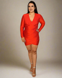 Red long-sleeved dress with V-neckline