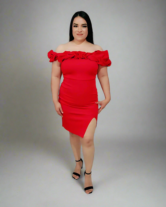 Red Ruffled Off the Shoulder Midi Dress