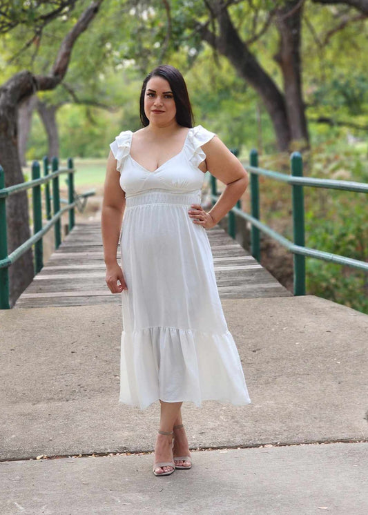 Vestido midi con dobladillo fruncido y volantes en blanco marfil