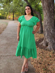 Green Smocked Ruffle hem Midi Dress