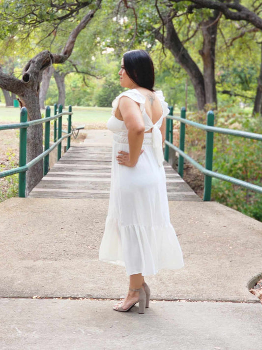Vestido midi con dobladillo fruncido y volantes en blanco marfil